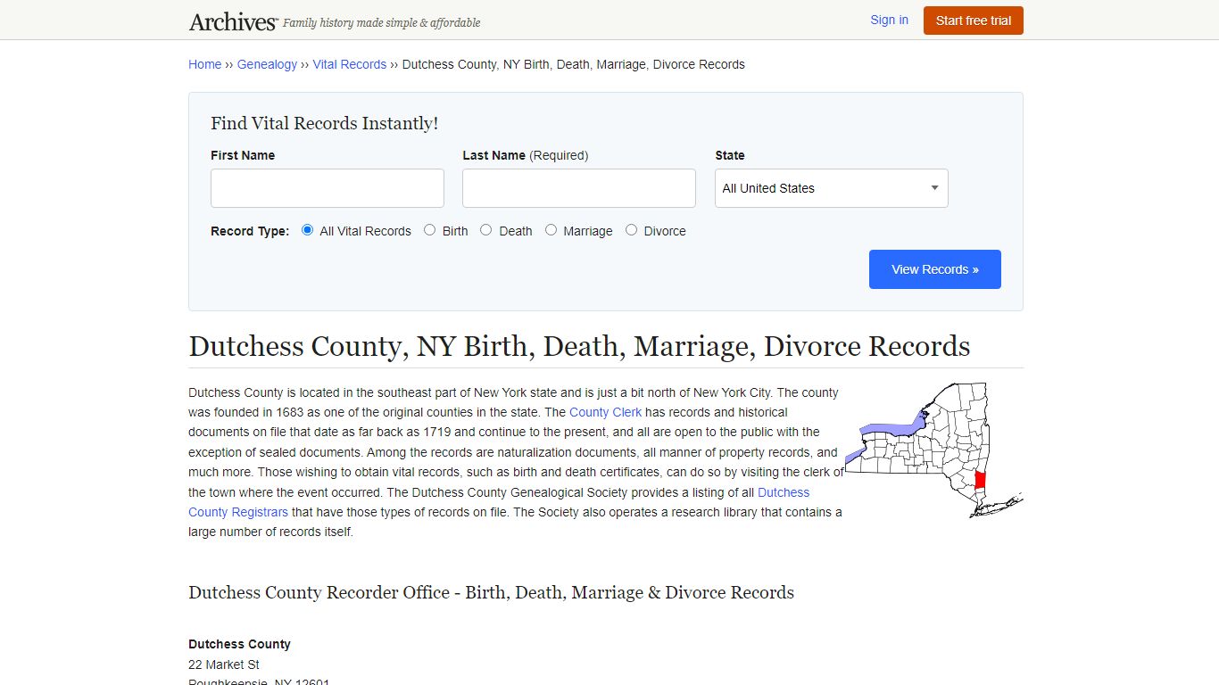 Dutchess County, NY Birth, Death, Marriage, Divorce Records