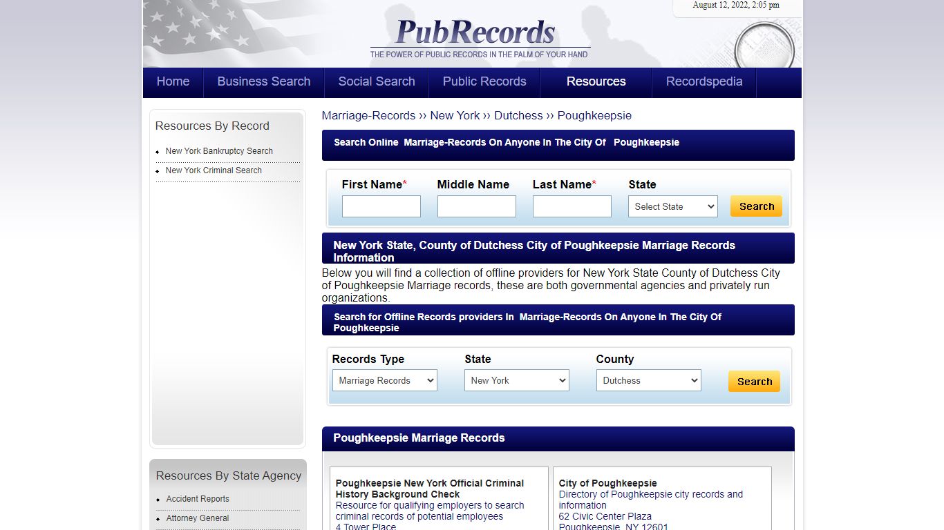 Poughkeepsie, Dutchess County, New York Marriage Records